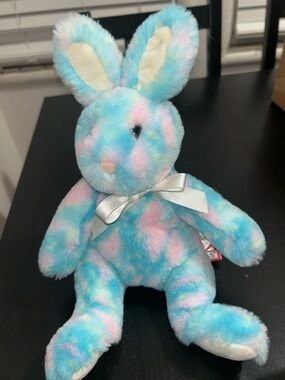 Pastel Blue & Pink Plush Bunny with Satin Bow